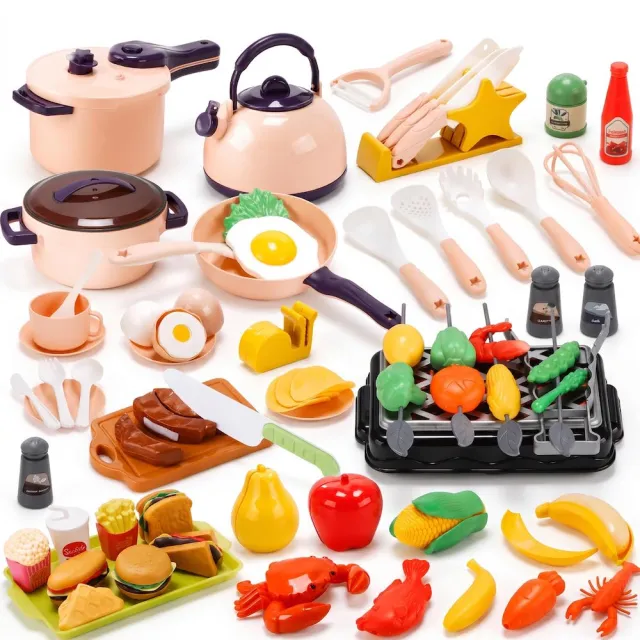 【CuteStone】兒童廚房玩具家家酒玩具55件組(仿真廚具/BBQ烤肉架/切切樂/生日禮物/兒童節/交換禮物)