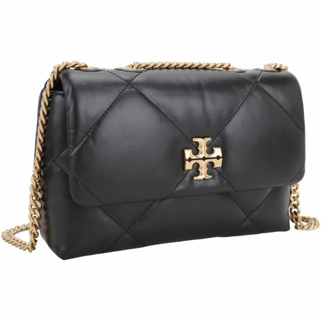 【TORY BURCH】Kira 雙T標誌菱格絎縫牛皮翻蓋肩 斜背鏈帶包 小款-黑色