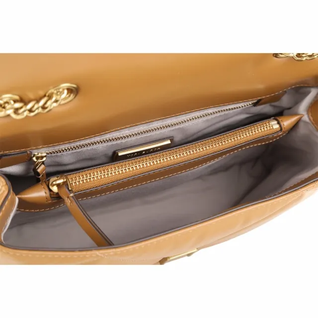 【TORY BURCH】Kira 雙T標誌菱格絎縫牛皮翻蓋肩 斜背鏈帶包-棕色