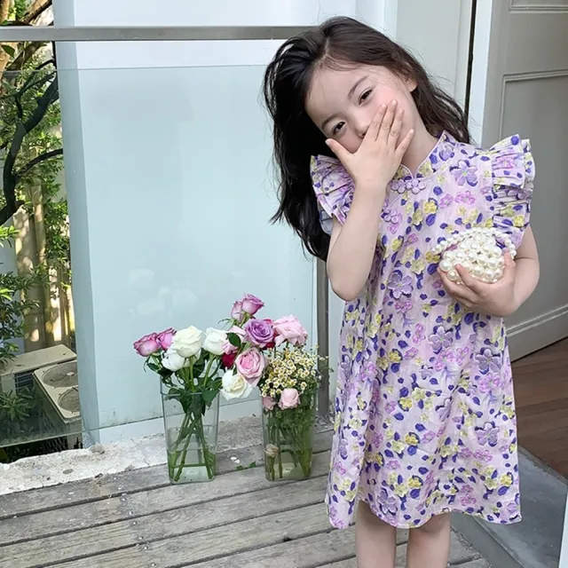 【橘魔法】花花滾邊盤扣小包袖旗袍洋裝 女童 兒童 童裝 中童 中國風 連身裙 連身洋裝 拍攝