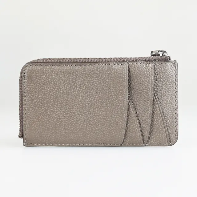 【TORY BURCH】TORY BURCH Romy經典燙銀LOGO小牛皮4卡拉鍊零錢卡夾包(灰褐)