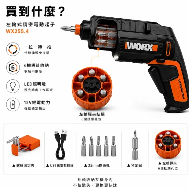 【WORX 威克士】4V 左輪式鋰電起子機 電動起子 電動螺絲起子 充電式 自動切換批頭 居家維修 WX255.4