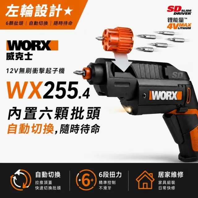 【WORX 威克士】4V 左輪式鋰電起子機 電動起子 電動螺絲起子 充電式 自動切換批頭 居家維修 WX255.4