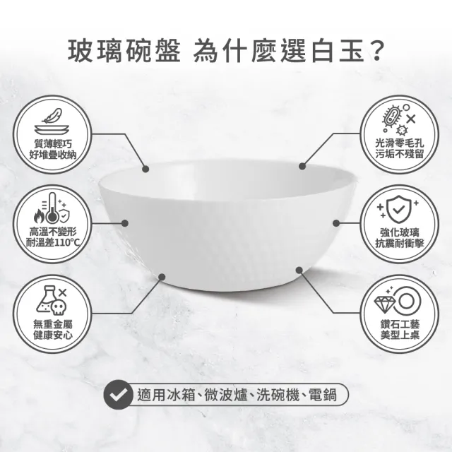 【mo select】任選3組-可微波鑽石系列白玉強化玻璃碗盤多件組(碗盤/餐具/碗/盤子/深盤/可進洗碗機、微波爐)