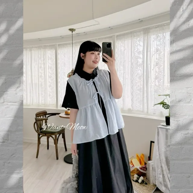 【Want-Meow】90公斤可穿/大胸可日系木耳邊雪紡背心多層次穿搭綁帶背心(大碼上衣/大碼/大尺碼/背心)