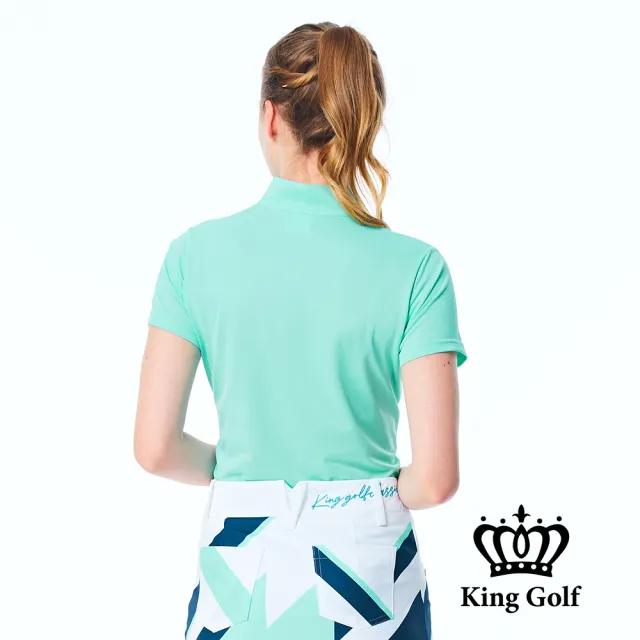 【KING GOLF】網路限定款-女款素色底紋雙色印花立領拉鍊POLO衫/高爾夫球衫-綠色