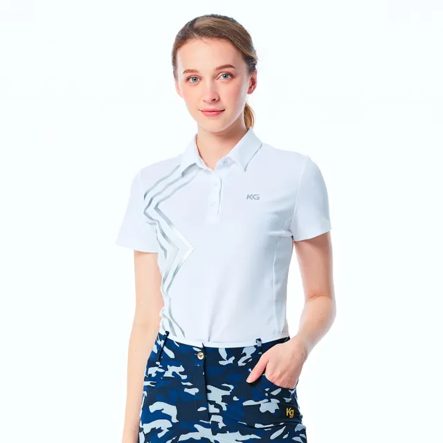 【KING GOLF】網路限定款-女款素色燙銀線條透氣POLO衫/高爾夫球衫-白色