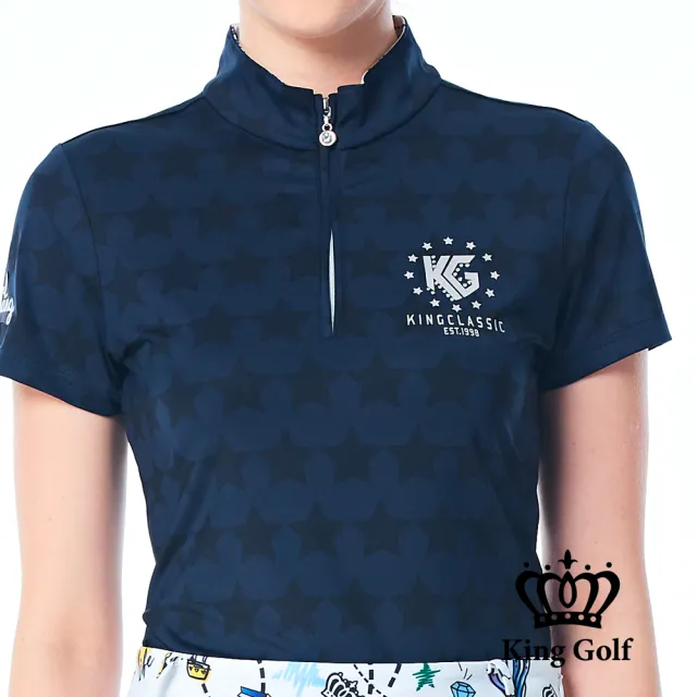 【KING GOLF】網路限定款-女款星星滿版底圖立領POLO衫/高爾夫球衫-丈青