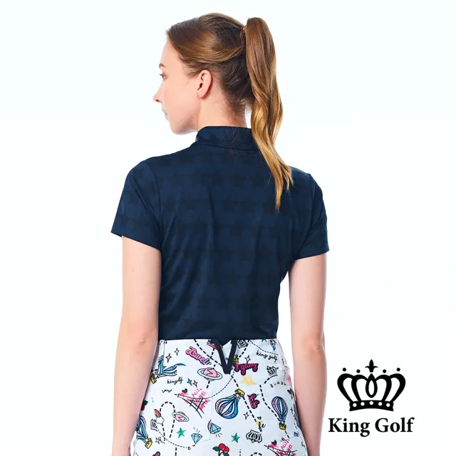 【KING GOLF】網路限定款-女款星星滿版底圖立領POLO衫/高爾夫球衫-丈青