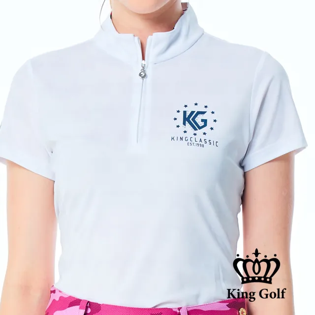 【KING GOLF】網路限定款-女款星星滿版底圖立領POLO衫/高爾夫球衫-白色
