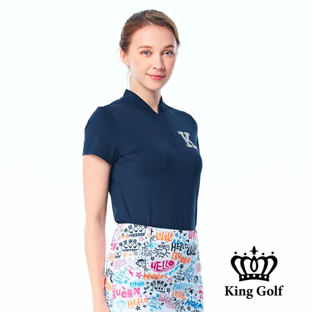 【KING GOLF】網路限定款-女款素面立體燙鑽襯衫立領拉鍊POLO衫/高爾夫球衫-丈青