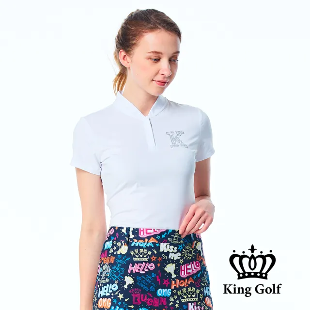 【KING GOLF】網路限定款-女款素面立體燙鑽襯衫立領拉鍊POLO衫/高爾夫球衫-白色