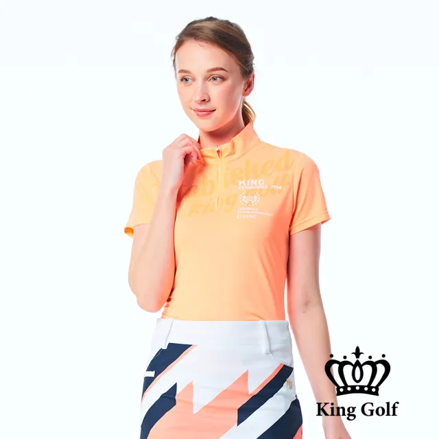 【KING GOLF】網路限定款-女款素色底紋雙色印花立領拉鍊POLO衫/高爾夫球衫-橘色