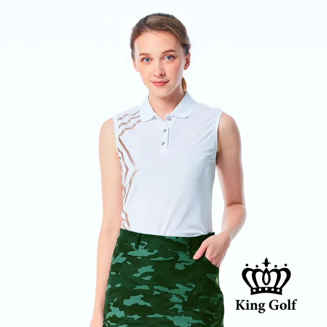 【KING GOLF】網路限定款-女款素色燙銀線條無袖背心POLO衫/高爾夫球衫-白色