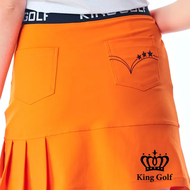 【KING GOLF】網路限定款-女款立體刺繡素面修身荷葉百褶A LINE短裙/高爾夫球裙-橘色