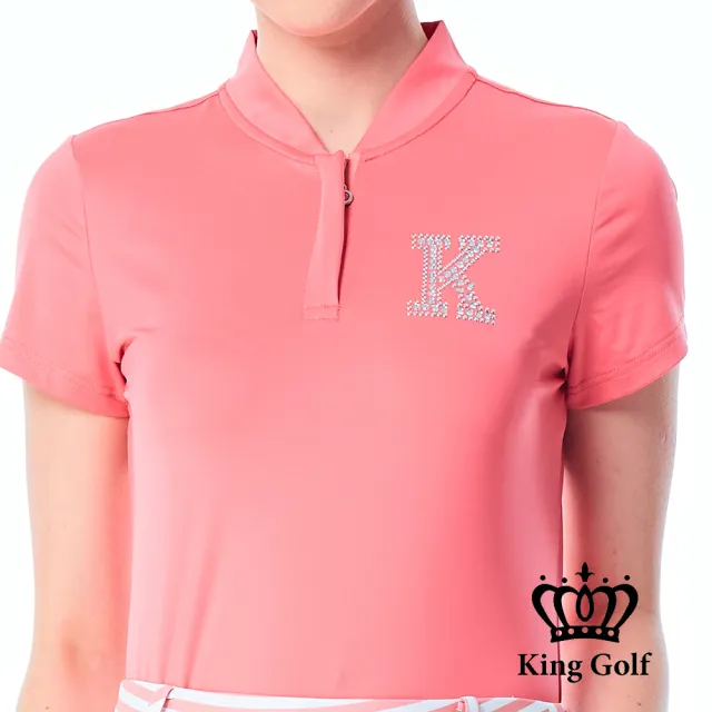 【KING GOLF】網路限定款-女款素面立體燙鑽襯衫立領拉鍊POLO衫/高爾夫球衫-粉色