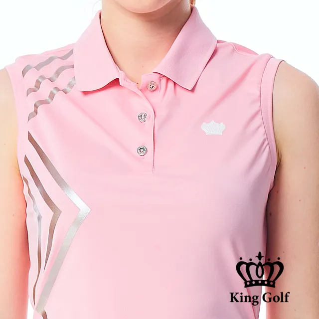 【KING GOLF】網路限定款-女款素色燙銀線條無袖背心POLO衫/高爾夫球衫-粉色