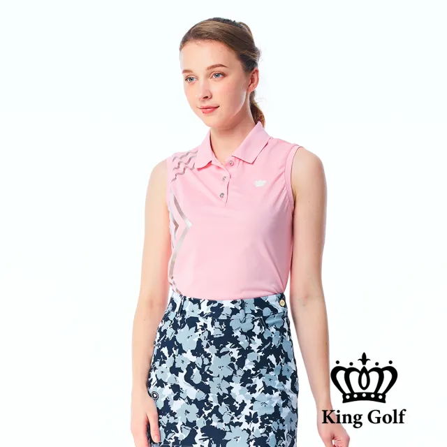 【KING GOLF】網路限定款-女款素色燙銀線條無袖背心POLO衫/高爾夫球衫-粉色
