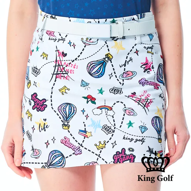 【KING GOLF】網路限定款-女款滿版繽紛熱氣球印花A LINE短裙/高爾夫球裙-白色