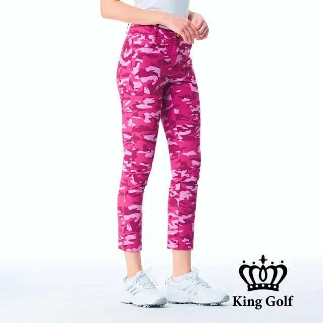 【KING GOLF】網路限定款-女款立體皇冠刺繡滿版數位迷彩印圖舒適修身休閒長褲/高爾夫球褲-桃紅色