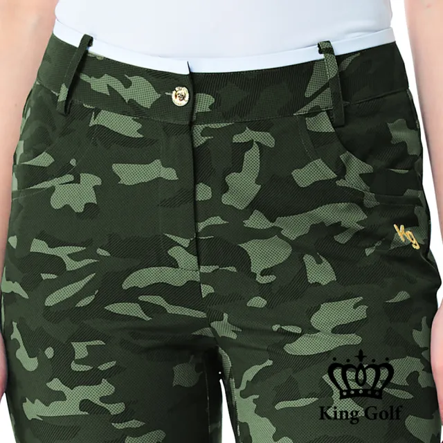 【KING GOLF】網路限定款-女款立體皇冠刺繡滿版數位迷彩印圖舒適修身休閒長褲/高爾夫球褲-綠色