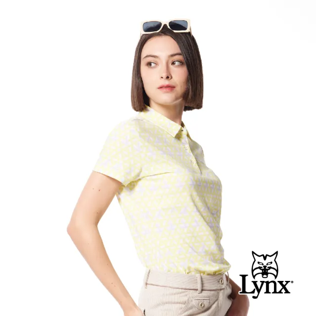 【Lynx Golf】女款吸溼排汗機能滿版配色線條印花Lynx字樣繡花短袖POLO衫/高爾夫球衫(淺黃色)