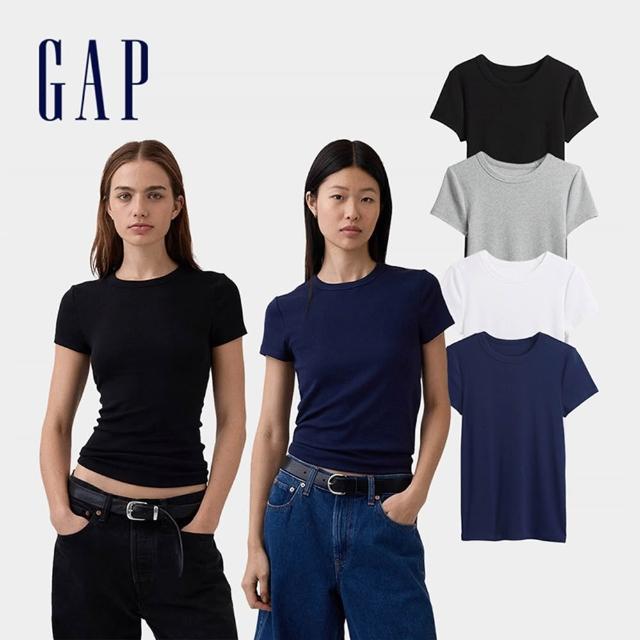 【GAP】女裝 彈力貼身百搭圓領短袖T恤-多色任選(839665)