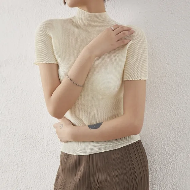【米蘭精品】現貨+預購 三宅風皺褶衣服褶皺上衣摺衣彈力女裝顯瘦折衣大碼(短袖立領T恤7色74fg3)