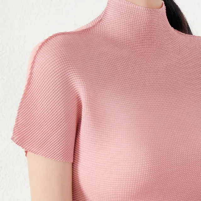 【米蘭精品】現貨+預購 三宅風皺褶衣服褶皺上衣摺衣彈力女裝顯瘦折衣大碼(短袖立領T恤7色74fg3)