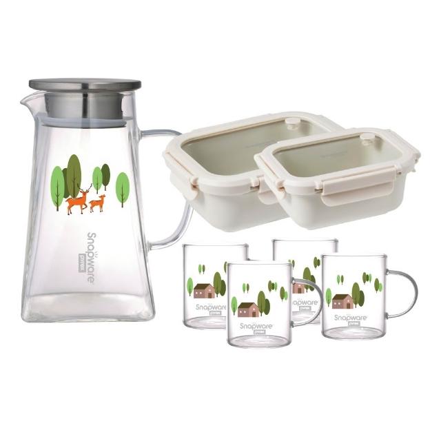 【CorelleBrands 康寧餐具】質感下午茶組(耐熱玻璃壺一壺四杯+保鮮盒兩入組)