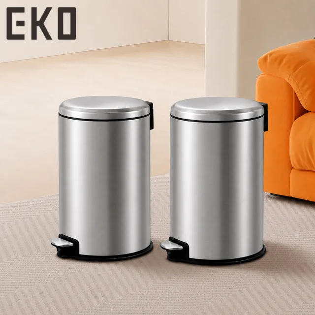 【EKO】輕奢不鏽鋼腳踏款垃圾桶8L 買一送一(雙入套裝組 帶蓋密封防臭 靜音緩降 浴室臥室客廳適用)