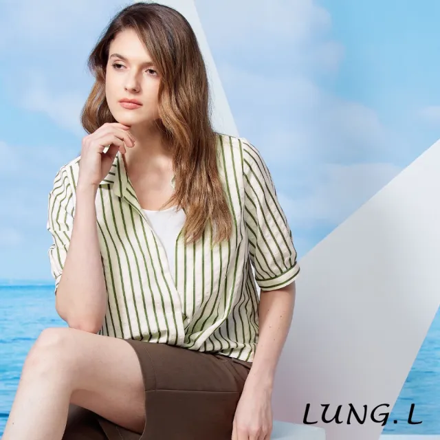【LUNG.L 林佳樺】LU36A 米色條紋前短後長假兩件七分袖女裝上衣