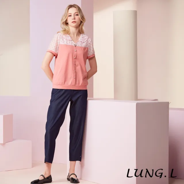 【LUNG.L 林佳樺】LU69A 粉色拼接波點娃娃領氣質短袖女裝上衣-棉質-透氣-顯白