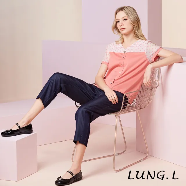 【LUNG.L 林佳樺】LU69A 粉色拼接波點娃娃領氣質短袖女裝上衣-棉質-透氣-顯白