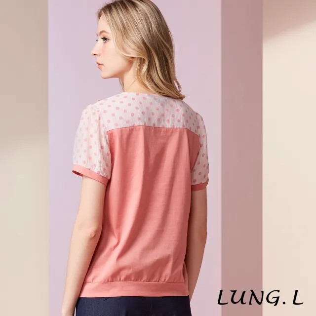 【LUNG.L 林佳樺】LU69A 粉色拼接波點娃娃領氣質短袖女裝上衣-棉質-透氣-顯白
