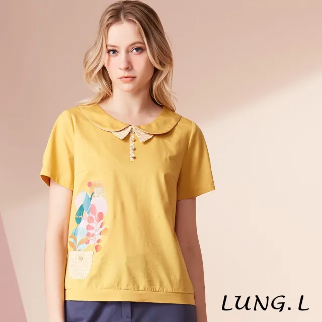 【LUNG.L 林佳樺】LU74A 黃色格紋領結設計插畫印花短袖女裝上衣-棉質-透氣