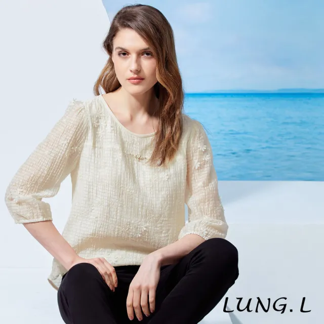 【LUNG.L 林佳樺】LU54A 米白電繡格紋泡泡布A-line七分袖女裝上衣