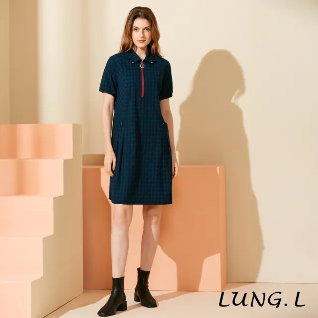 【LUNG.L 林佳樺】LU88H 質感藍綠格紋搭紅色拉鍊短袖洋裝