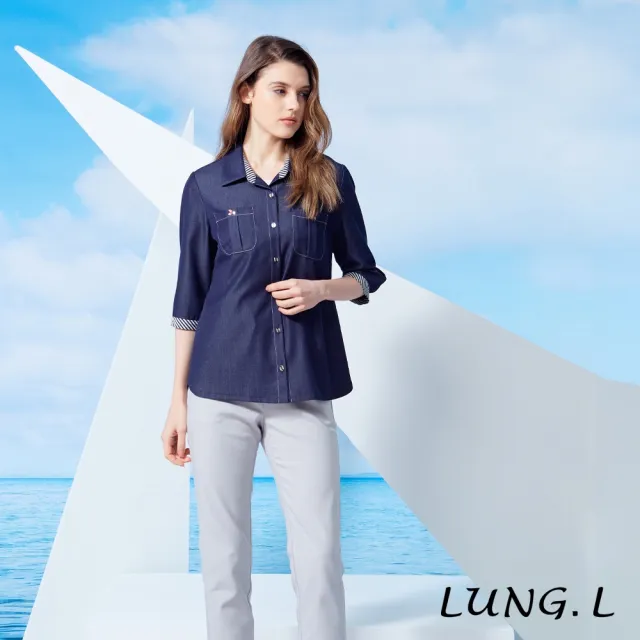 【LUNG.L 林佳樺】LW02C 藍色仿牛仔質感七分袖女裝襯衫(罩衫)