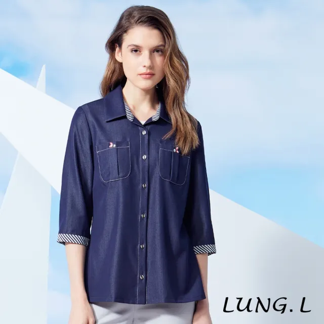 【LUNG.L 林佳樺】LW02C 藍色仿牛仔質感七分袖女裝襯衫(罩衫)