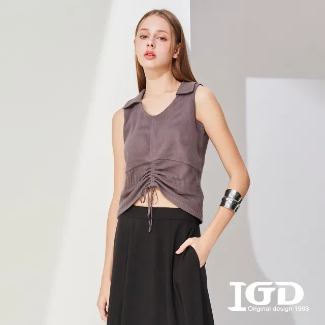 【IGD 英格麗】網路獨賣款-抽繩襯衫領短版背心(灰色)