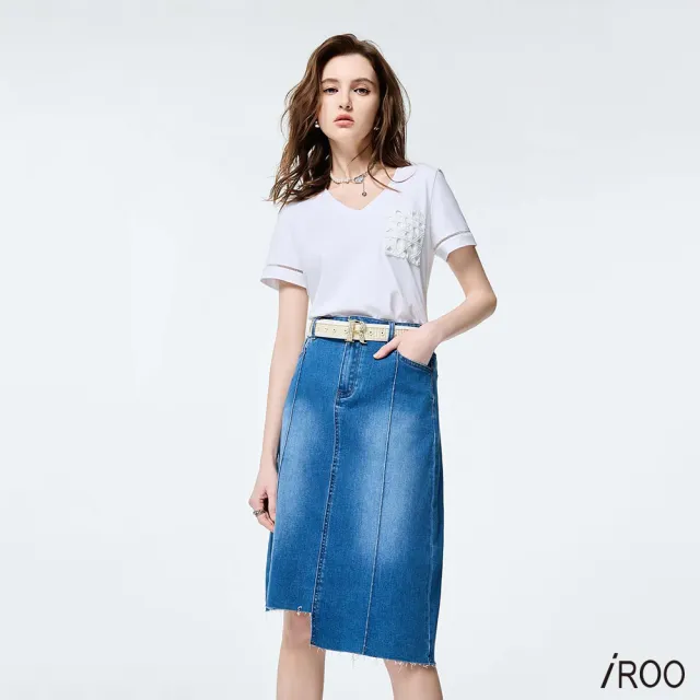 【iROO】剪接不對稱牛仔中長裙