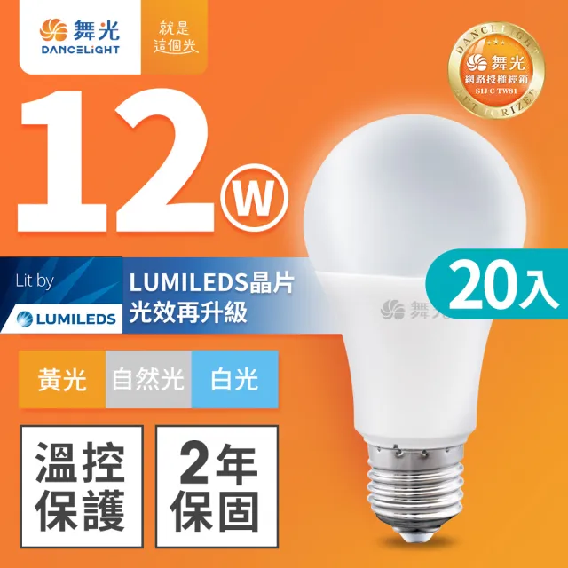 【DanceLight 舞光】20入組 新升級 12W LED燈泡 E27 全電壓(白光/自然光/黃光)
