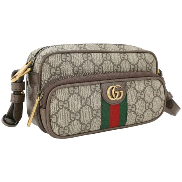 【GUCCI 古馳】Ophidia GG Supreme 綠紅織帶口袋斜背 腰包 烏木色