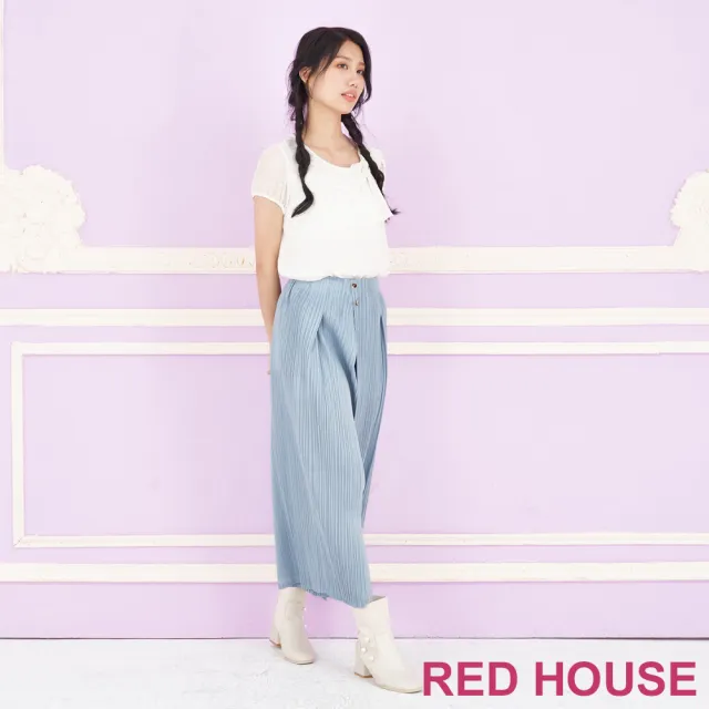 【RED HOUSE 蕾赫斯】不對稱設計壓褶寬褲(淺藍色)
