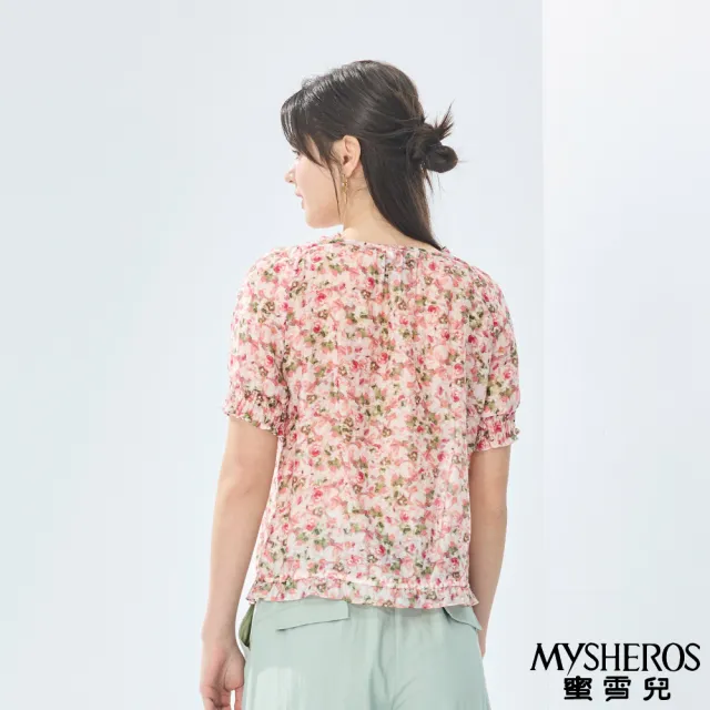 【MYSHEROS 蜜雪兒】天絲短袖上衣 鑽飾繫繩花邊領 滿版玫瑰印花(粉)