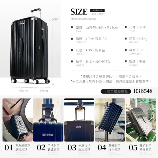 Miles 32吋大容量PC耐撞運動行李箱/胖胖箱(拉鍊款/TSA海關鎖-藍色亮面款)