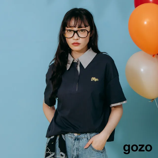 【gozo】異材質拼接小繡花涼感POLO衫(淺灰/深藍)