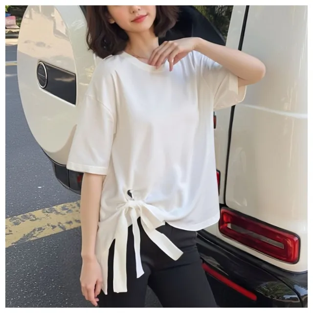 【ASister 小姊姊】AS2555#女裝｜中大尺碼上衣☆*圓領下襬蝴蝶結上衣(2色 2XL-6XL)