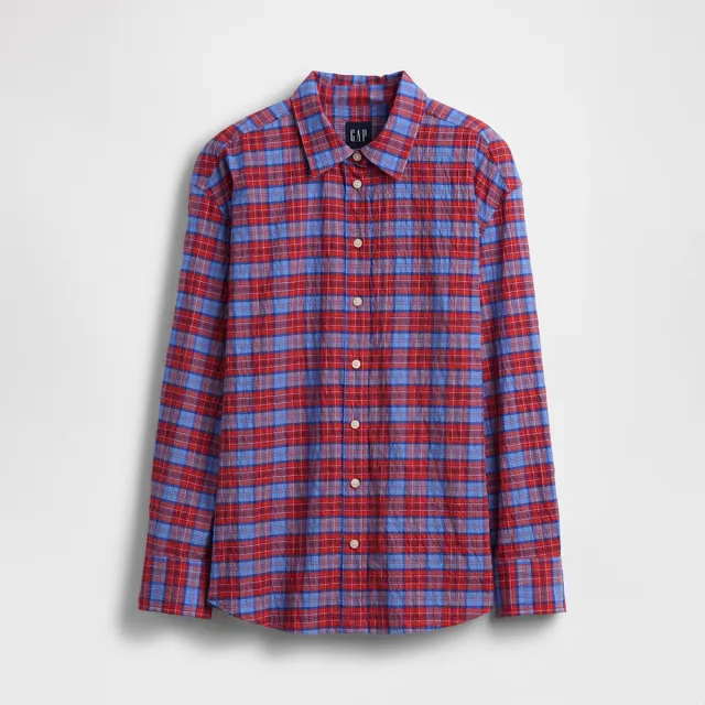 【GAP】泡泡紗格紋寬鬆襯衫-紅藍格紋(896327)
